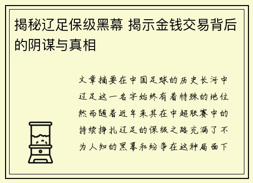 揭秘辽足保级黑幕 揭示金钱交易背后的阴谋与真相