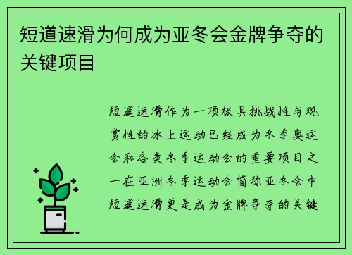 短道速滑为何成为亚冬会金牌争夺的关键项目