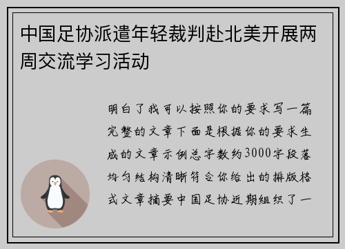 中国足协派遣年轻裁判赴北美开展两周交流学习活动