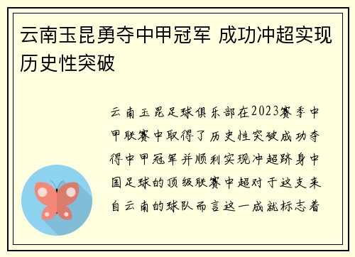 云南玉昆勇夺中甲冠军 成功冲超实现历史性突破 云南玉昆勇夺中甲冠军 成功冲超实现历史性突破